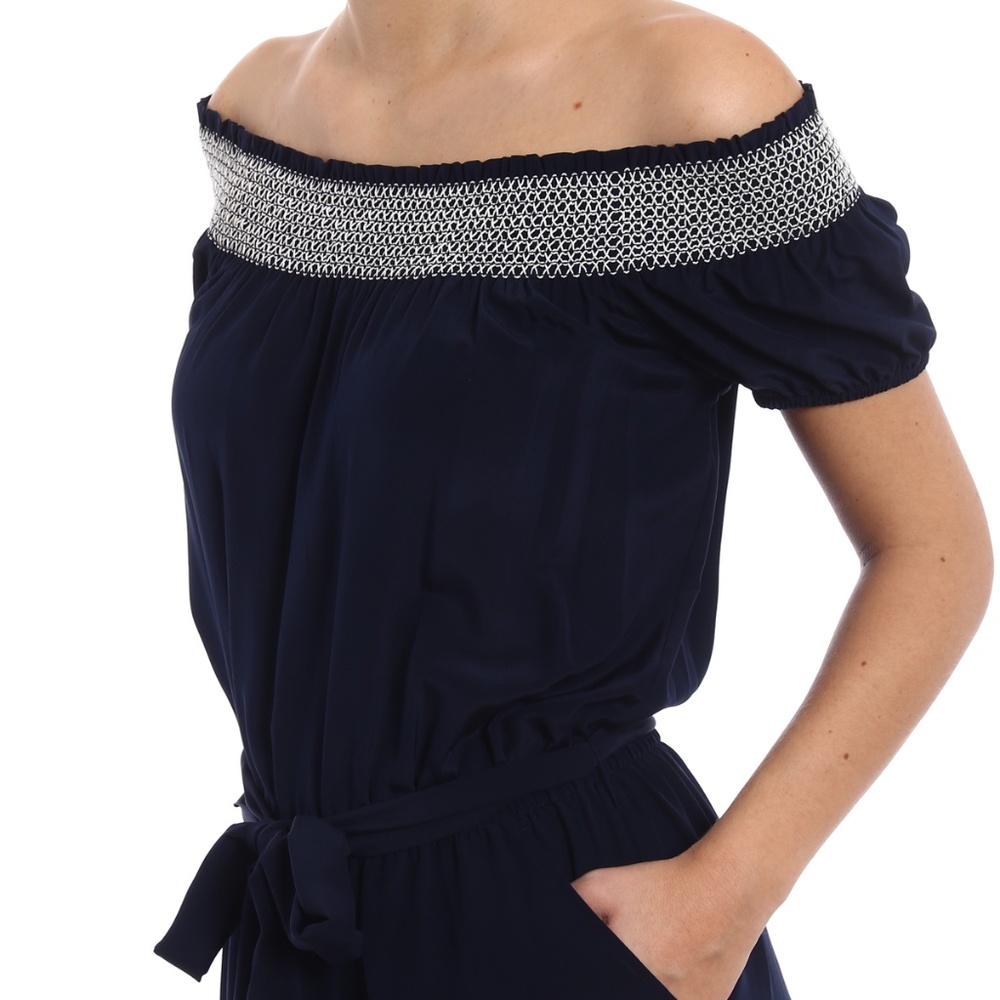 TORY BURCH MISTY OFF-THE-SHOULDER SHIRRED SILK JUMPSUIT IN MIDNIGHT BLUE